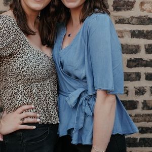 Loft Chambray Wrap Top Blue Flowy